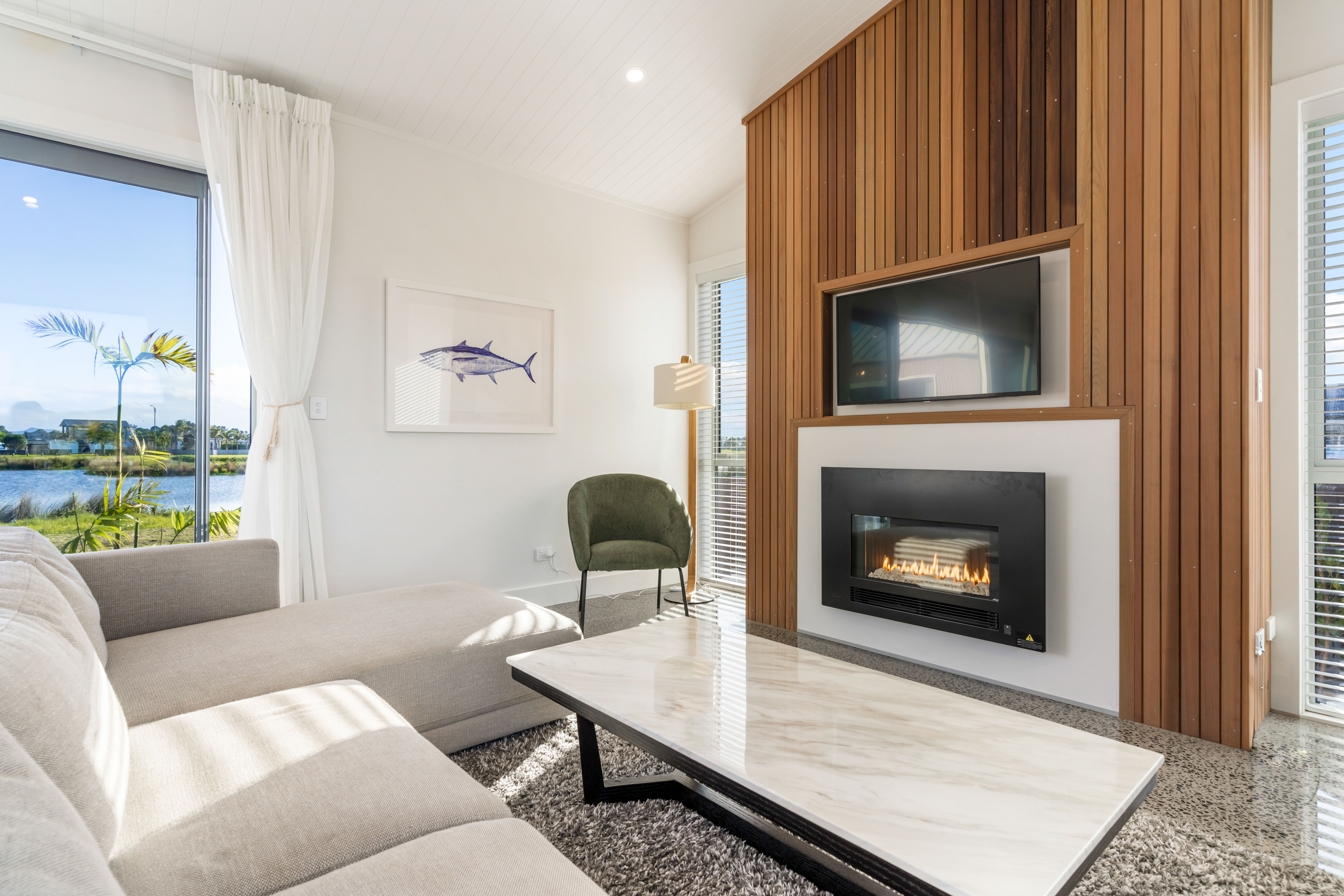 Coromandel Beach House - Living Room with Fireplace